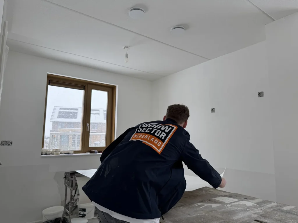 Behanger van Bouwsector Nederland pakt een baan vlies van de plaktafel in een lichte kamer
